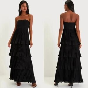 NWT Lulus Seriously Sensational Strapless Off Shoulder Tier Maxi Dress XS Black